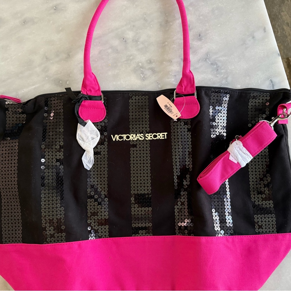 Victoria's Secret Black and Pink Limited Edition Sequin Weekender Tote